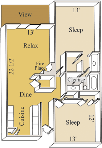 Floor plan for 2 beds, 1.3 baths, 920 sqft